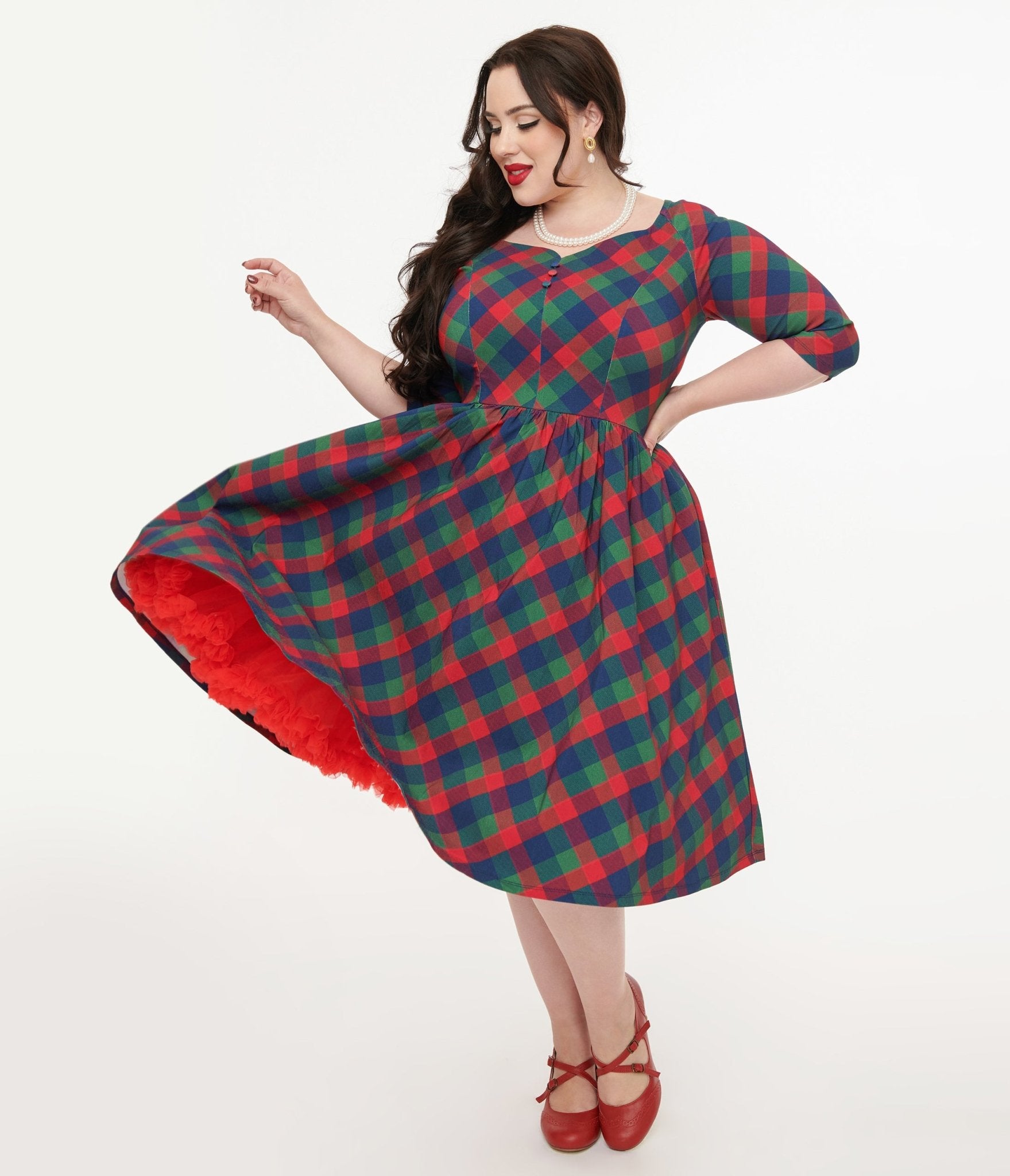 Image of Unique Vintage Plus Size 1950s Green & Red Plaid Sweetheart Swing Dress