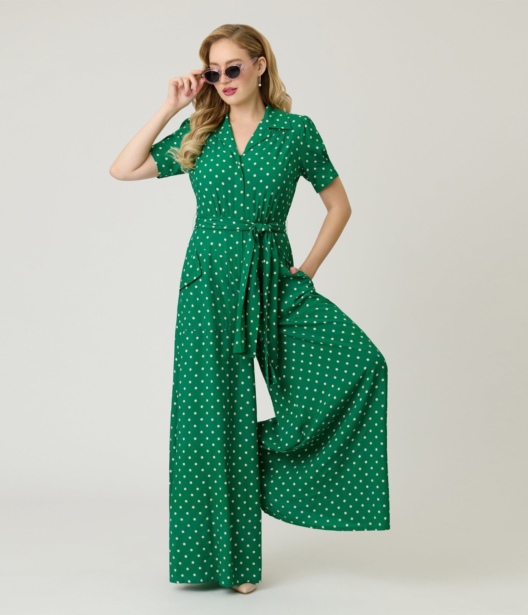 Image of Unique Vintage Green & White Dot Flare Jumpsuit