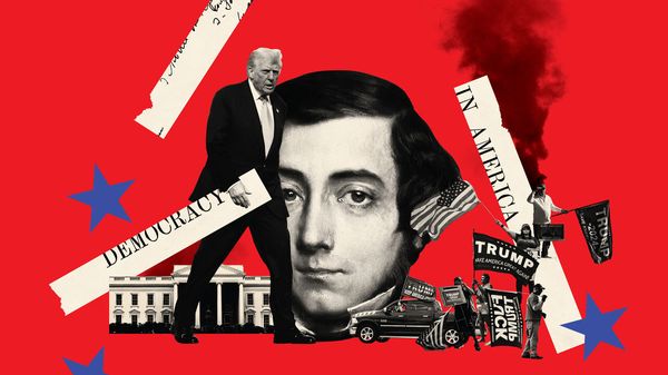 A photo collage featuring a portrait of Alexis de Tocqueville, Donald Trump, the White House and a crowd of MAGA supporters