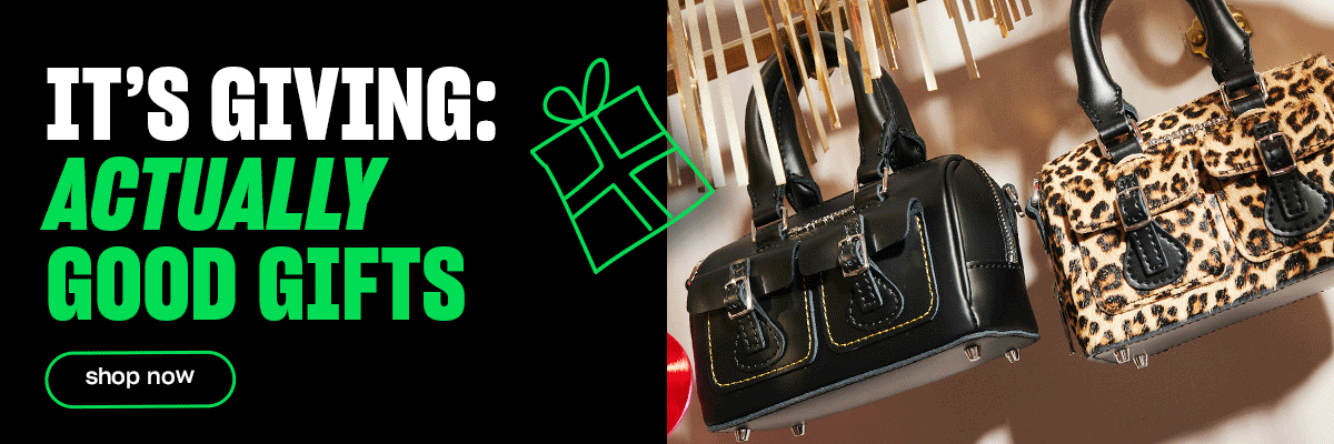 A GIF of Dr. Martens bags and UGG beanies alongside the text 'It's giving: actually good gifts. Shop Now'