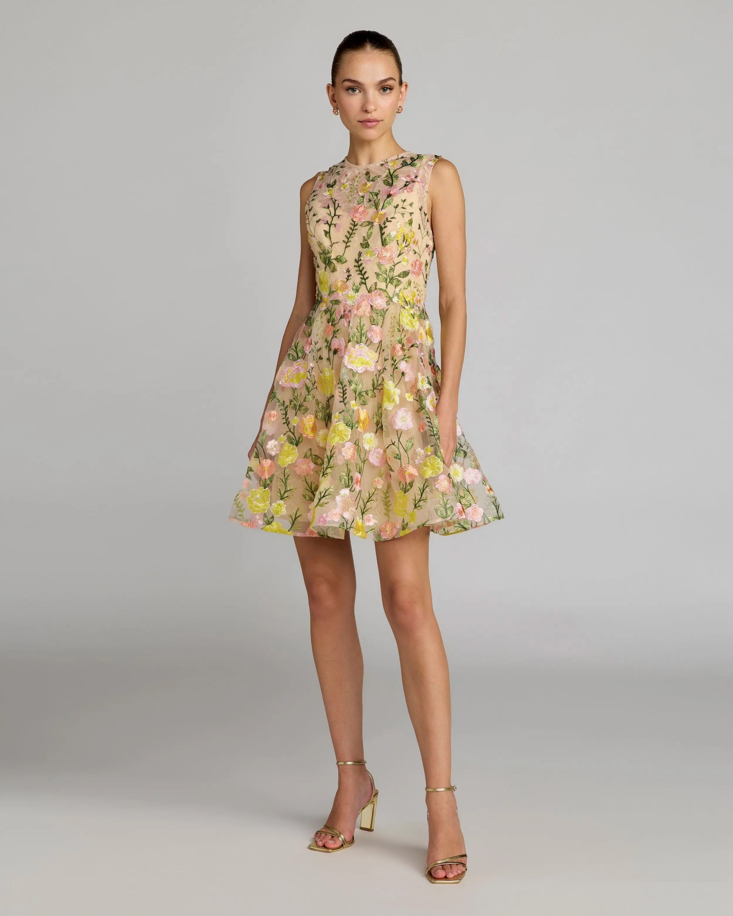 Image of Yellow Floral Embroidered Sleeveless A-Line Mini Dress