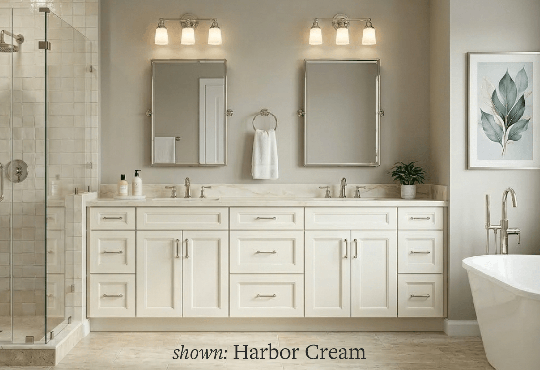 Harbor Cream bathroom with double vanity and mirrors.