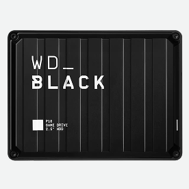 WD_BLACK P10 Game Drive, a black external hard drive with a ribbed texture.