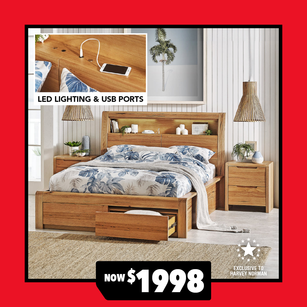 Edison Queen Bed Frame with 2-Drawer Base