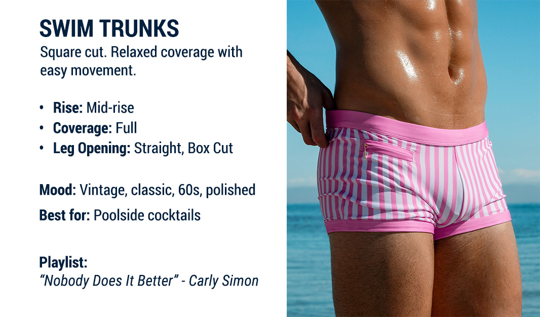 The Swim Fit Guide — Vol. 1 — DC2 Swim Trunks shown on model wearing FAST LINES Chill Pink, illustrating a square-cut trunk with relaxed, full coverage.