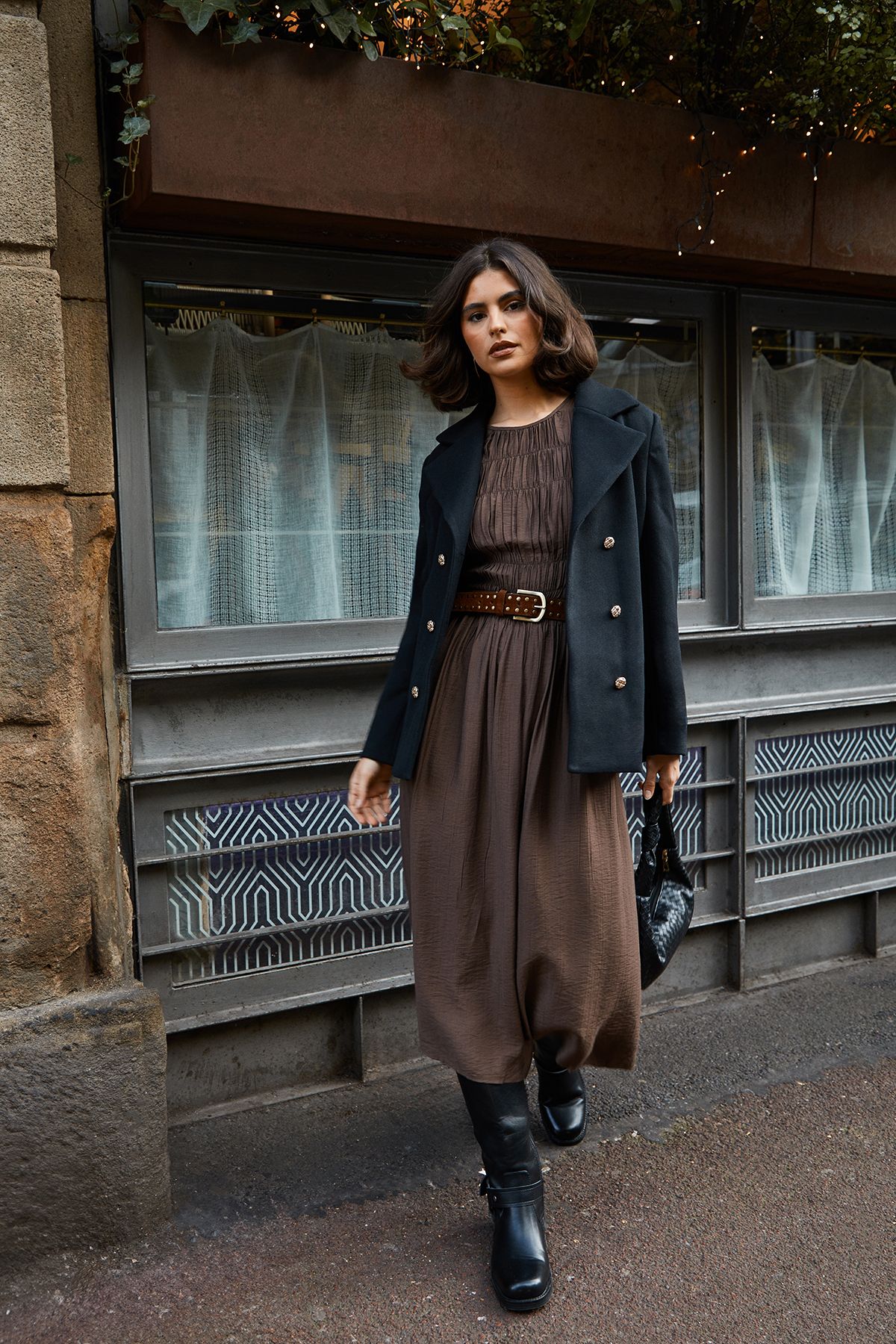Shirred Bodice Puff Sleeve Midi Dress
