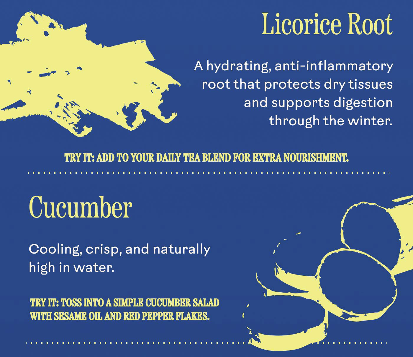 Licorice Root A hydrating, anti-inflammatory root that protects dry tissues and supports digestion through the winter. Try it: Add to your daily tea blend for extra nourishment.  Cucumber Cooling, crisp, and naturally high in water. Try it: Toss into a simple cucumber salad with sesame oil and red pepper flakes.
