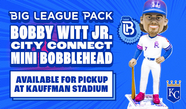 Big League Pack - Bobby Witt Jr. City Connect Mini Bobblehead Available for pickup at Kauffman Stadium