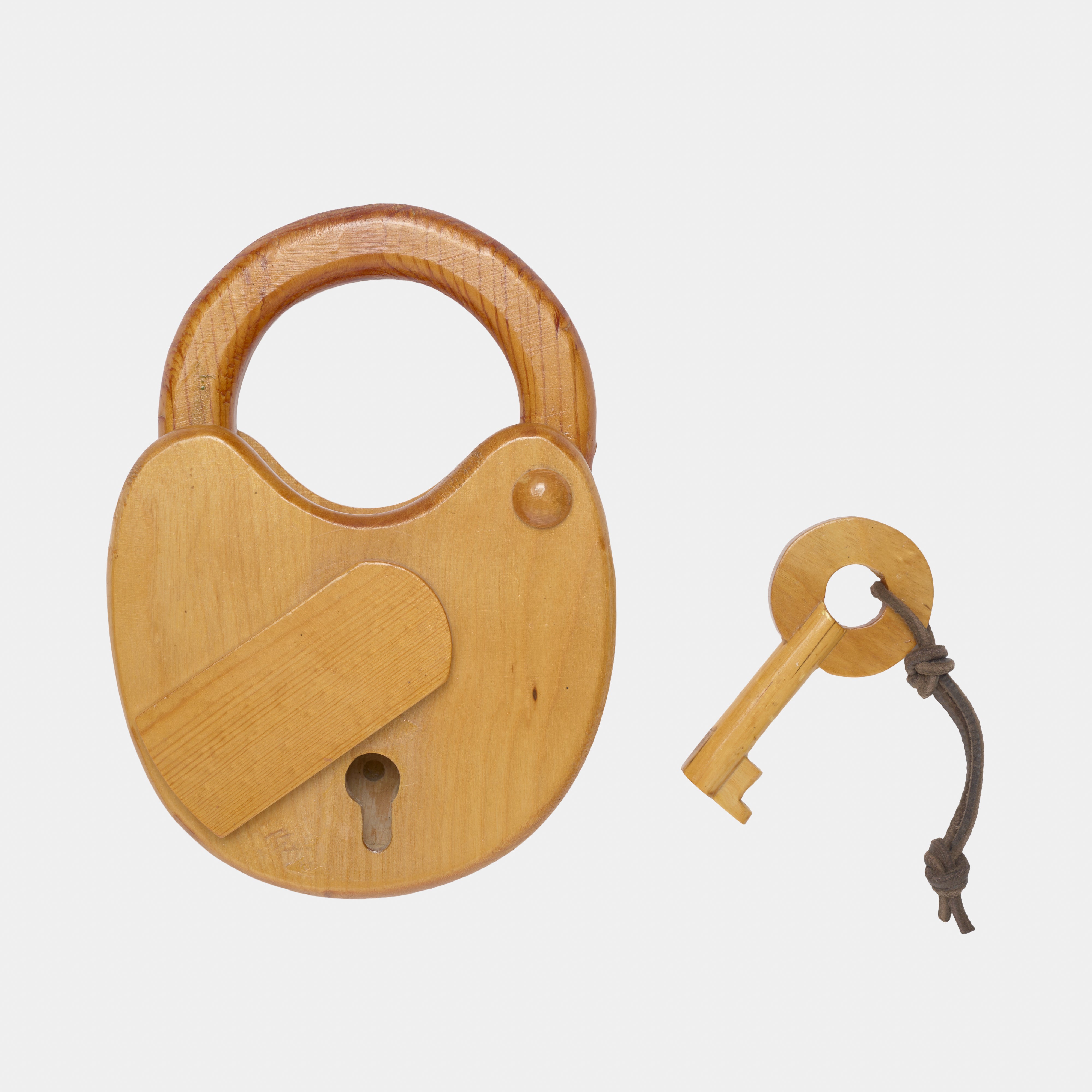 Image of Vintage Handmade Wood Lock Sculpture with Working Key