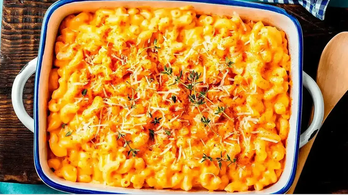 Square dish with mac and cheese.