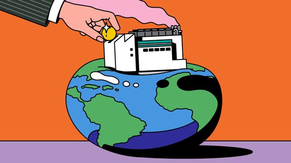 Illustration of a large factory perched on top of the Earth, its weight visibly flattening and warping the globe. Pink smoke billows from the factory's smokestacks while a hand in a business suit drops a gold coin into a slot on the factory roof