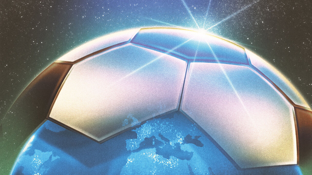 An illustration of the world being gradually encased by a football.
