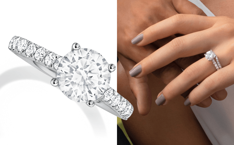 A ring with a round cut diamond next to a close up of two models holding hands, one wearing the ring.