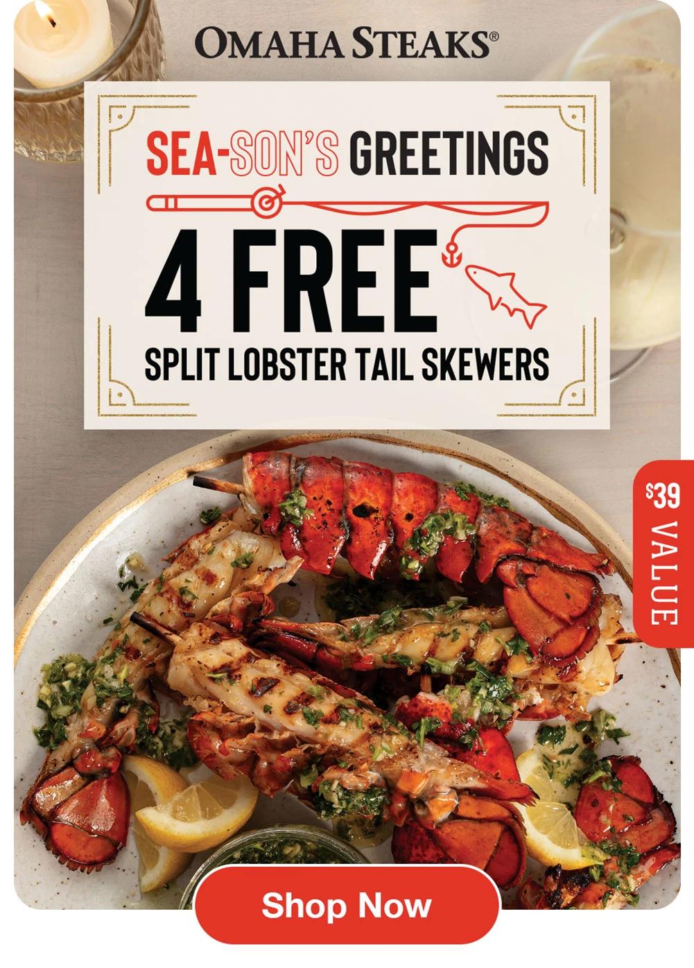 OMAHA STEAKS®

SEA-SON'S GREETINGS
4 FREE
SPLIT LOBSTER TAIL SKEWERS

$39 VALUE

Shop Now
