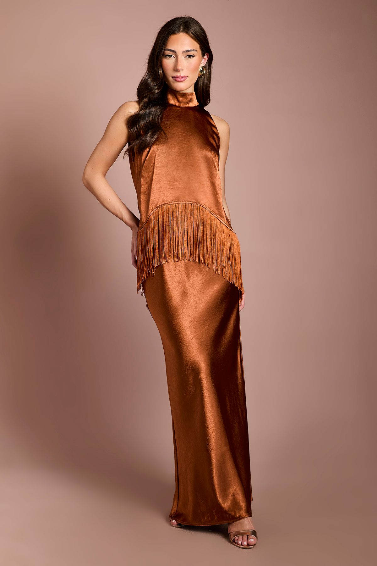 Coast Muse Satin Fringe Halterneck Maxi Dress