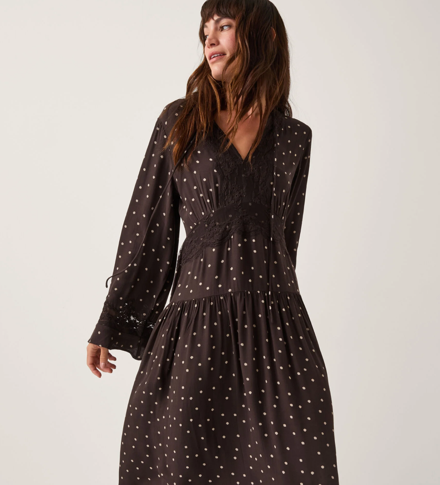 Mackie Polka Dot Lace Midi Dress Brown