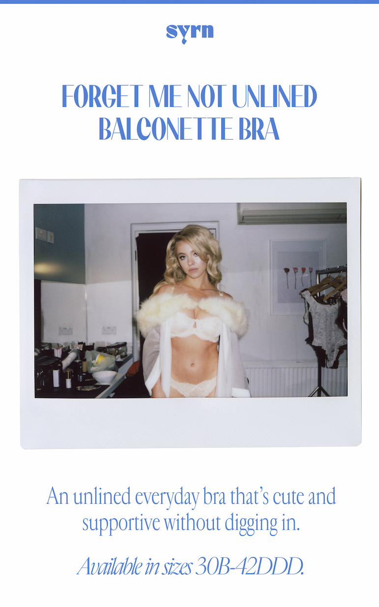 Polaroid of Sydney Sweeney wearing white lingerie