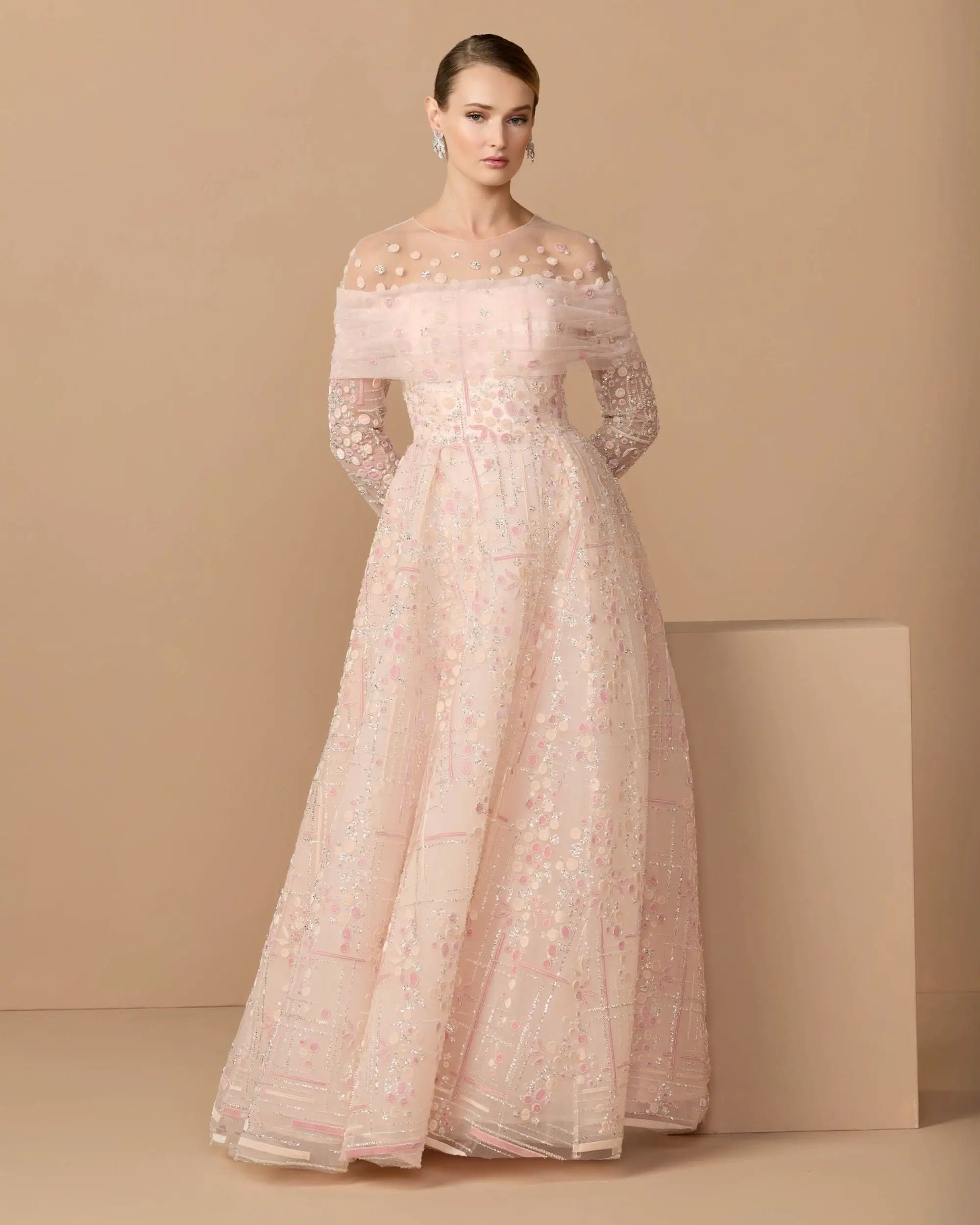 Image of Pink Off The Shoulder Embellished Long Sleeve Ball Gown
