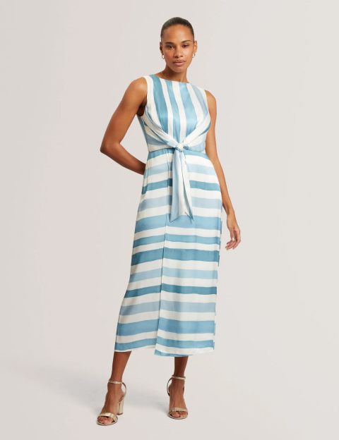 KAHYA Blue Stripe Tie Front Sleeveless Midi Dress
