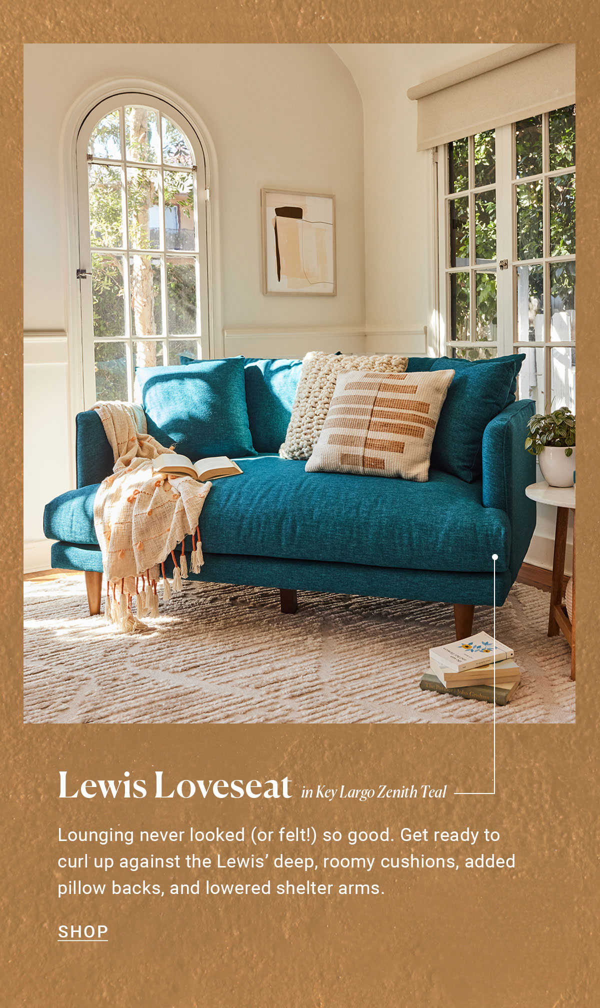 Lewis Loveseat in Key Largo Zenith Teal| Lounging never looked (or felt!) so good. Get ready to curl up against the Lewis' deep, roomy cushions, added pillow backs, and lowered shelter arms. | SHOP