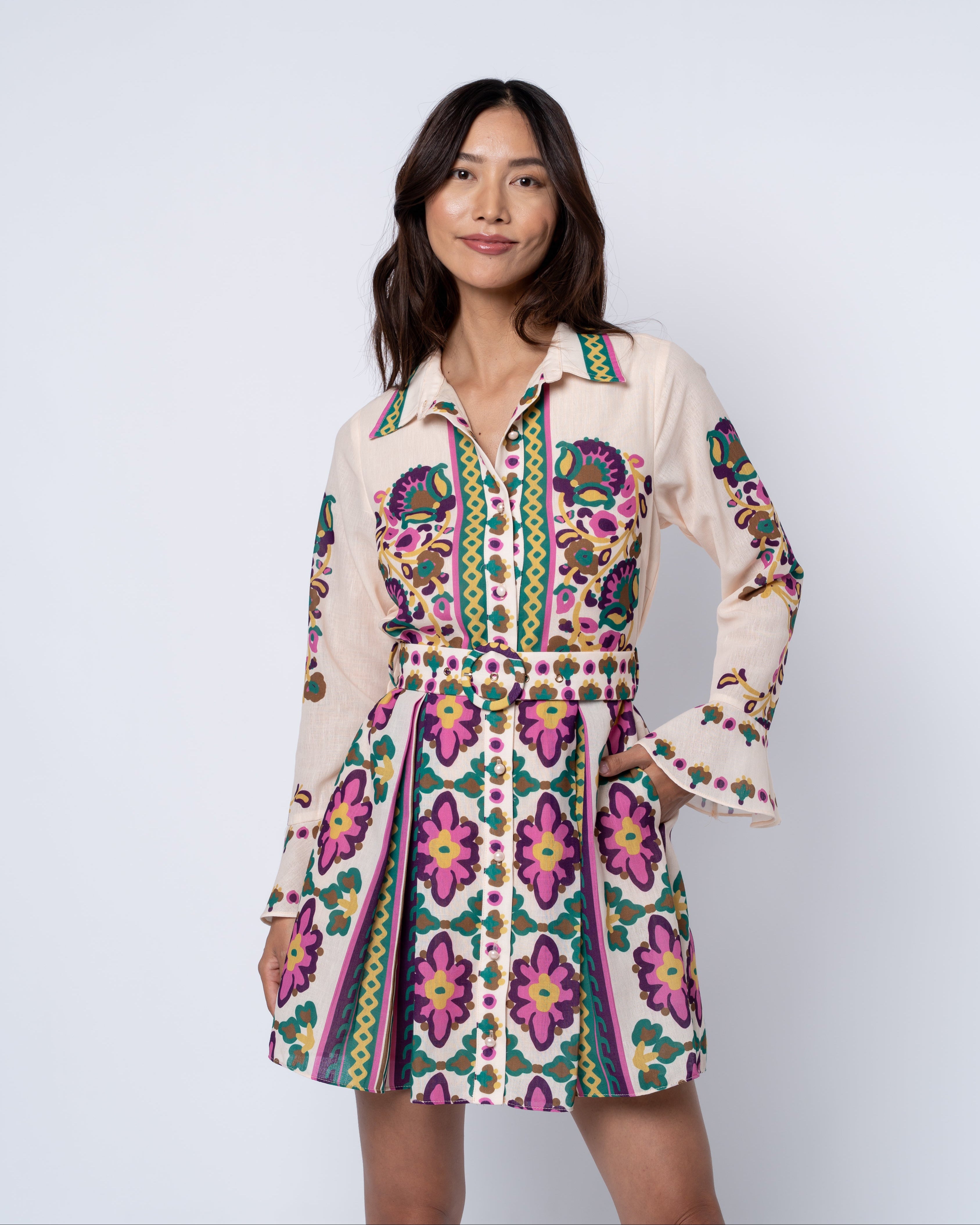 Image of Maris Mixed Print Long Sleeve Shirt Dress