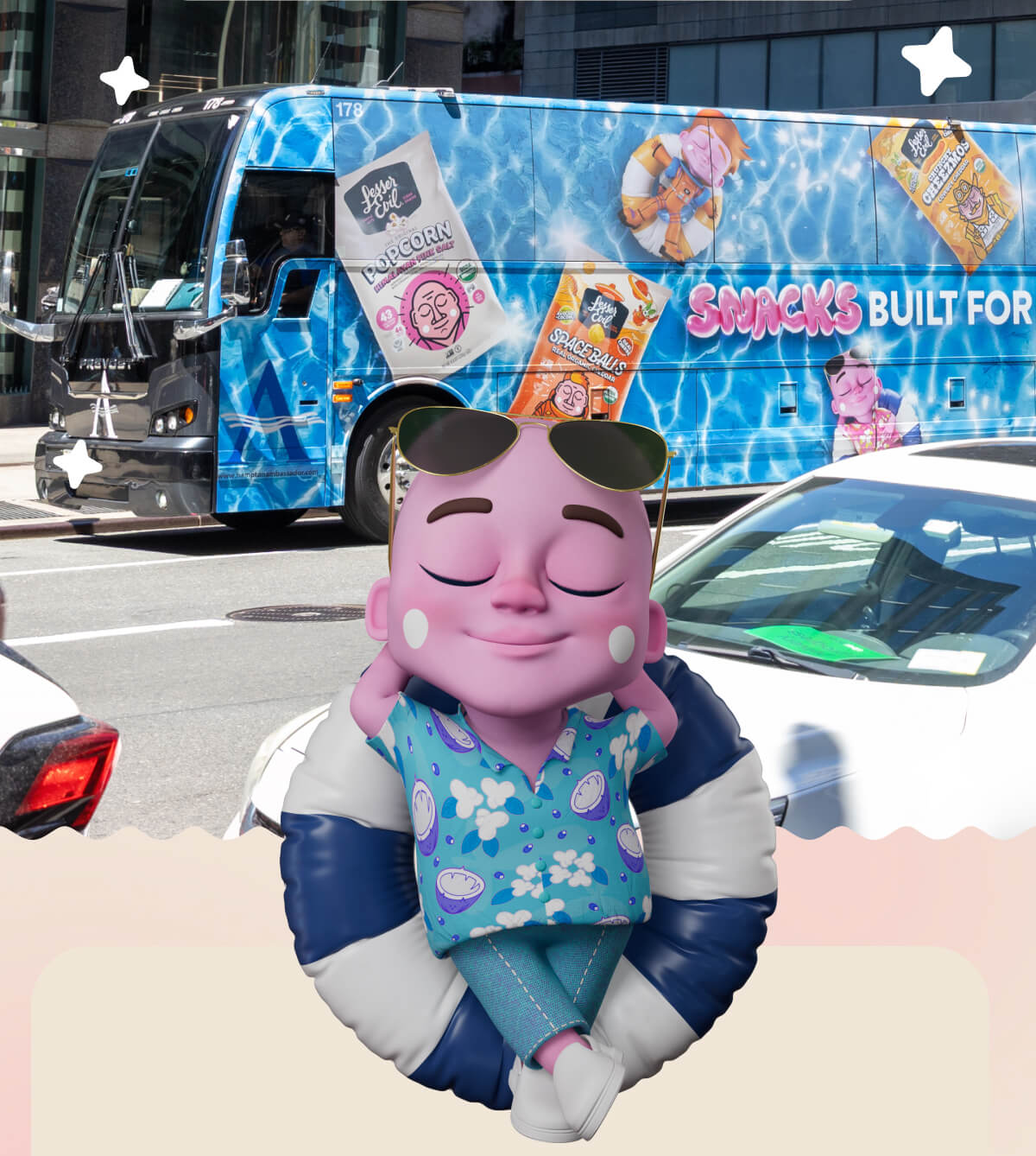 Wrapped tour bus featuring LesserEvil products including Popcorn and Spaceballs. Your popcorn guru, Homer, wearing sunglasses and a pool float sits in front of the bus with eyes closed, relaxing. Additional snack packaging and character illustrations appear on the bus.