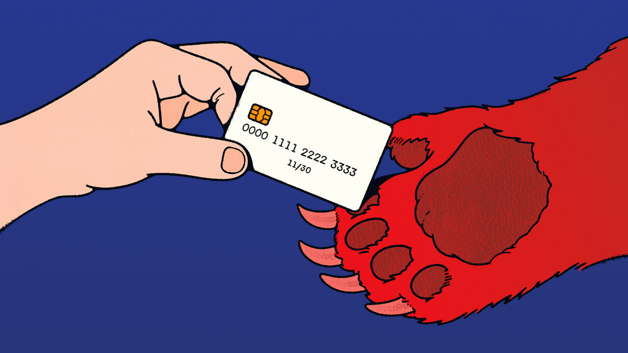 An illustration of a hand passing a white credit card to a red bear's paw against a blue background.