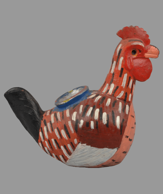 Clay vessel shaped like a chicken with orange, red, black and white coloured feathers.