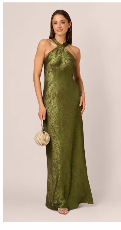 Foiled Mermaid Gown With Halter Neckline In Dark Olive