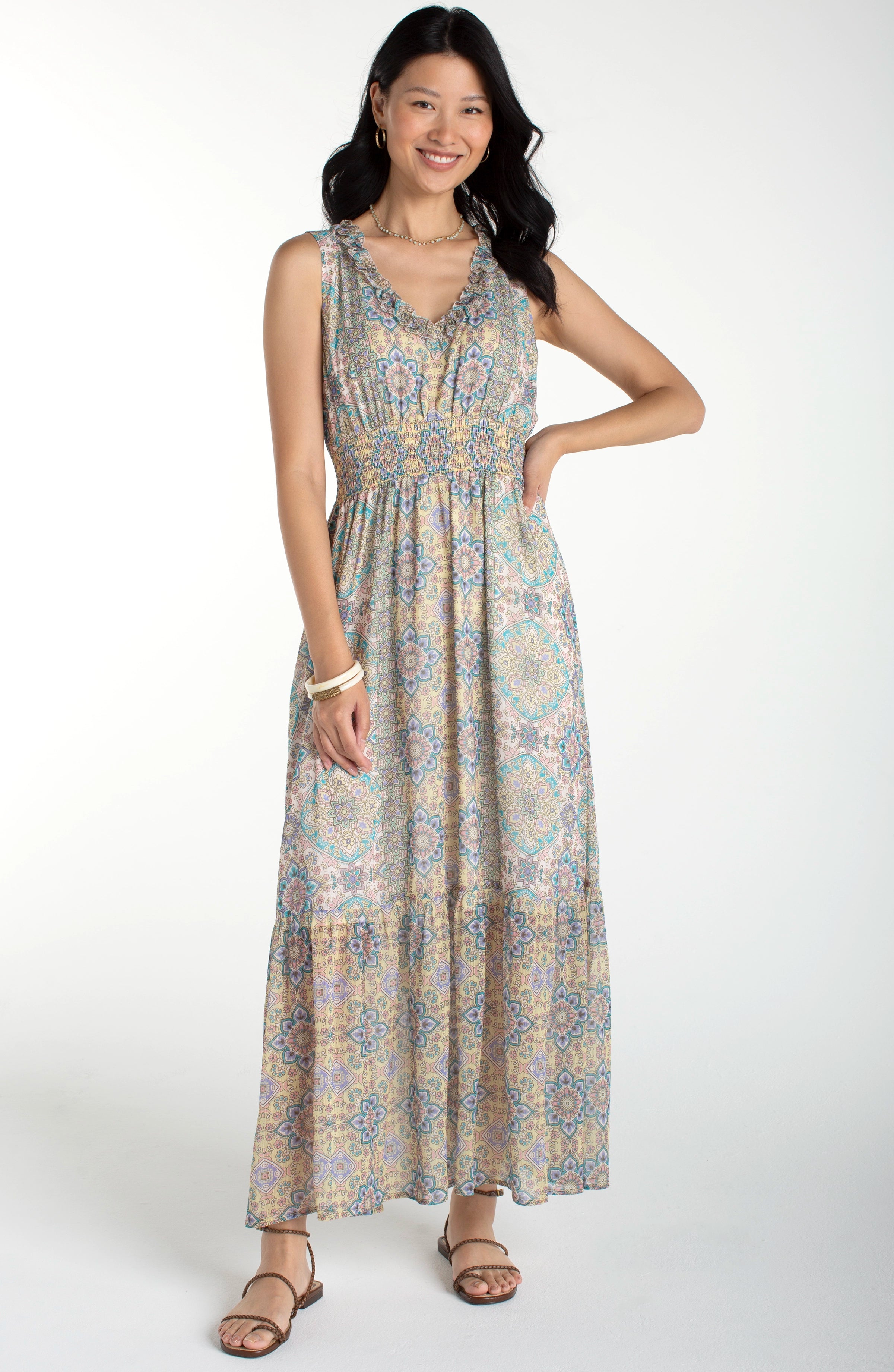 Image of sleeveless smocked waist woven maxi dress