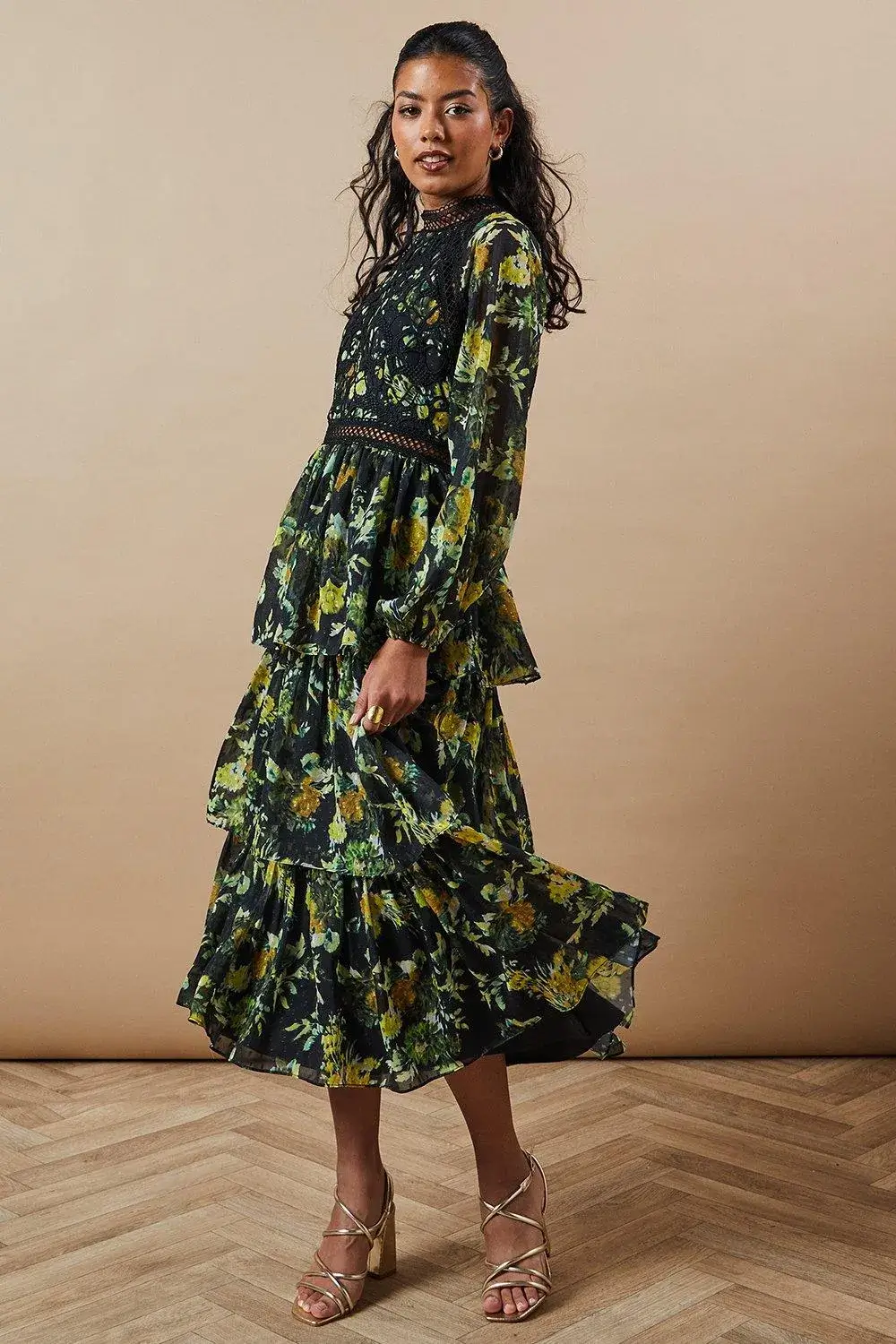 Petite Occasion Floral Lace Trim Dobby Chiffon Tiered Midaxi Dress