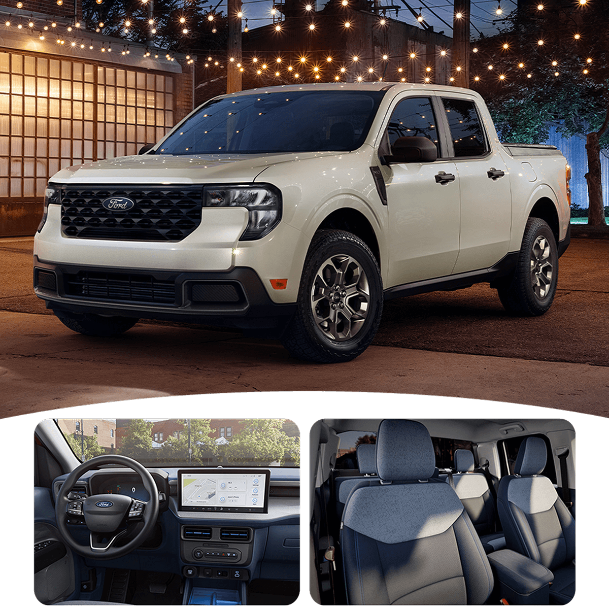A three‑image collage of the 2025 Ford Maverick&reg; truck highlighting exterior and interior features