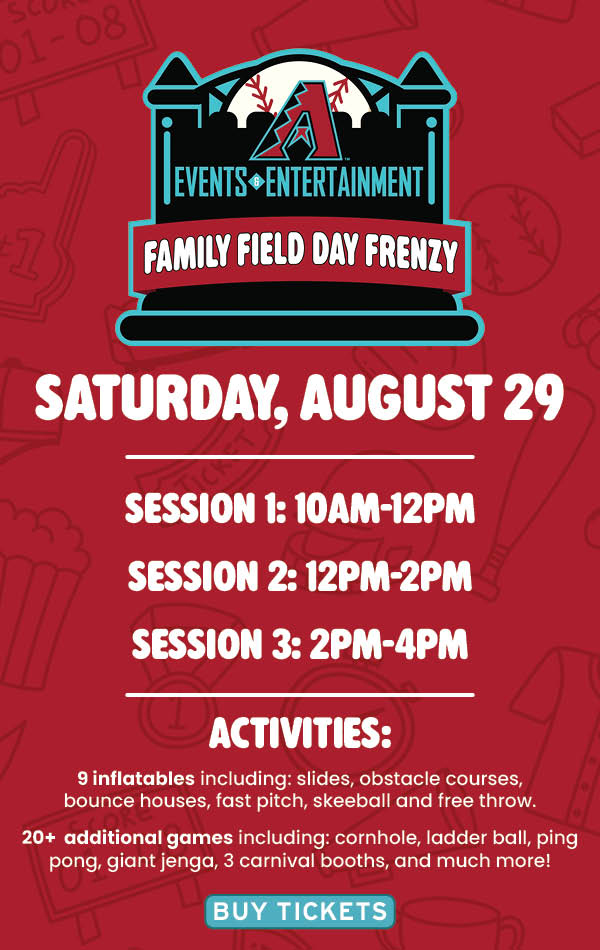 Family Field Day Frenzy, Saturday, August 29. Sessions: 10am-12pm, 12pm-2pm, 2pm-4pm. Inflatable slides, obstacle courses, bounce houses, and additional games including cornhole, ladder ball, ping poind, jenga, carnival booths and more. Buy Tickets.