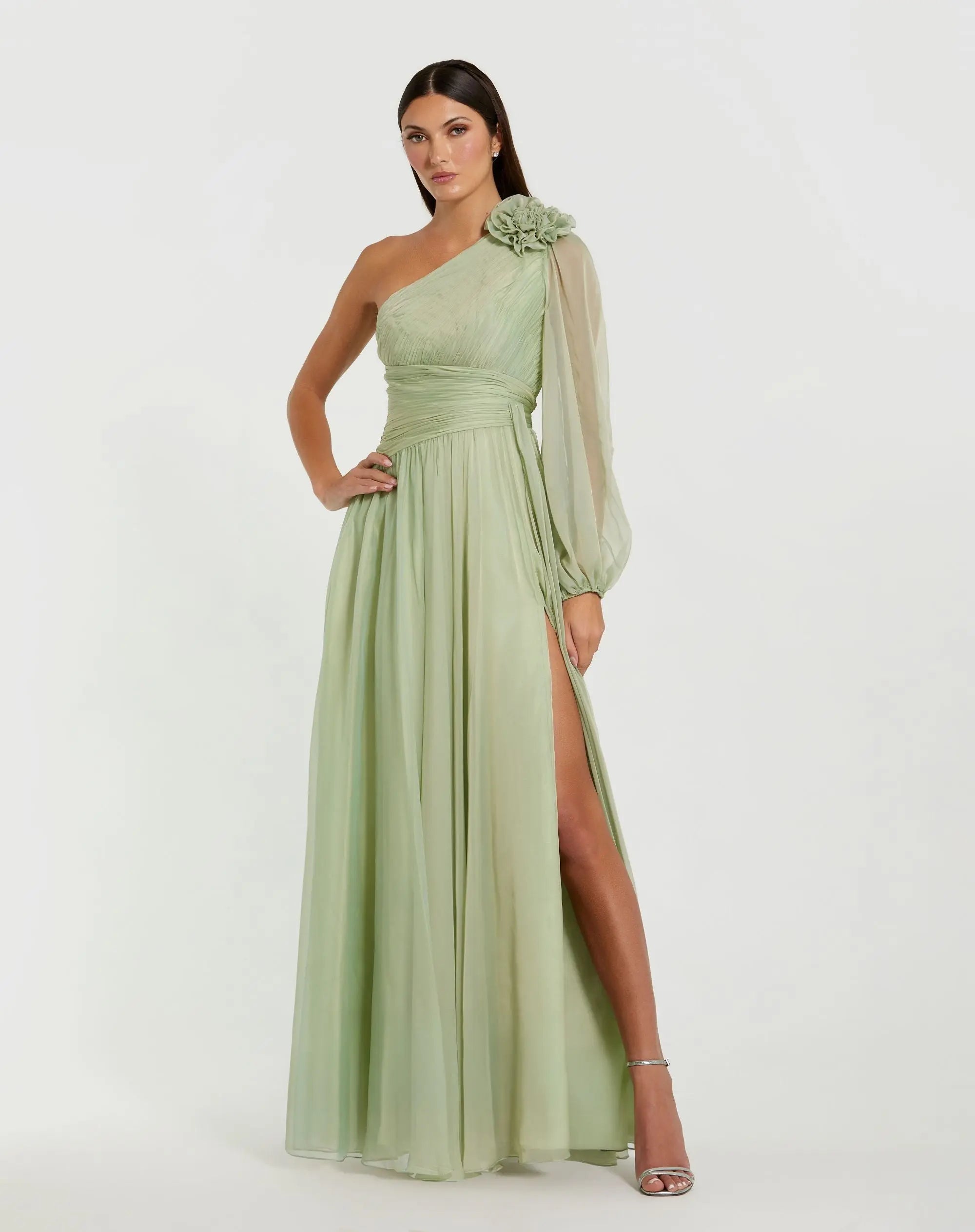 Image of Green One Shoulder 3D Flower Gown With Slit