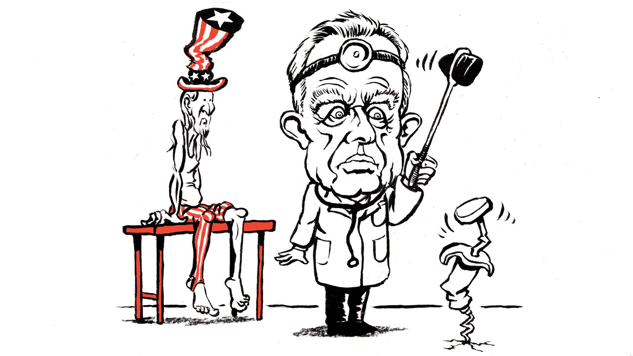 A cartoon illustration of RFK Jr performing a medical procedure ineptly