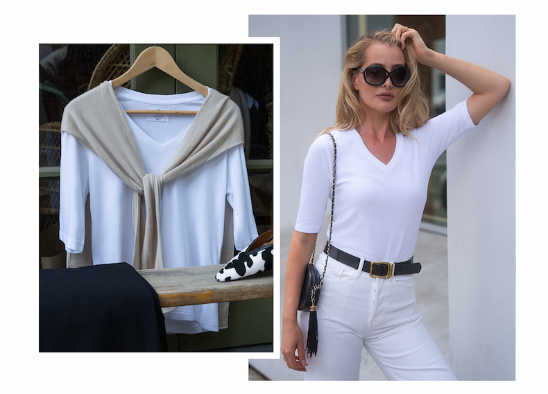 Womens Elbow Sleeve V-Neck - White