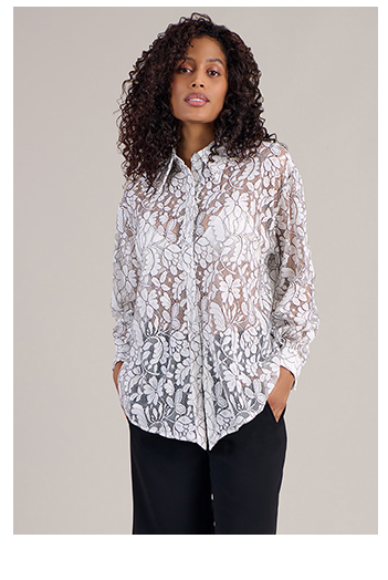 White & Black Button Down Corded Lace Shirt With Reverse High Low Hem