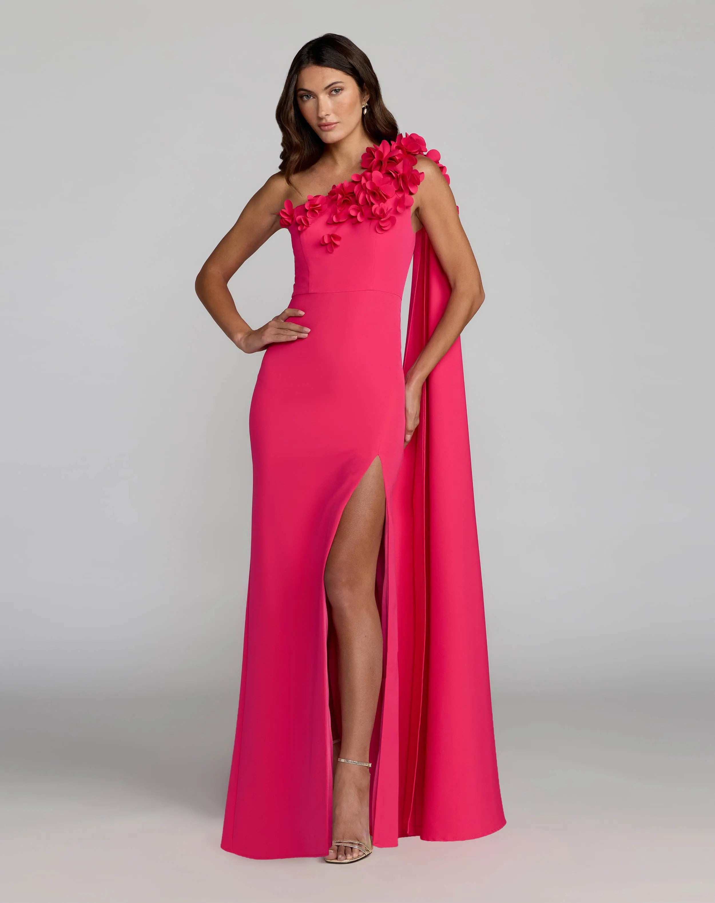 Image of Pink One Shoulder 3D Floral Cape Gown