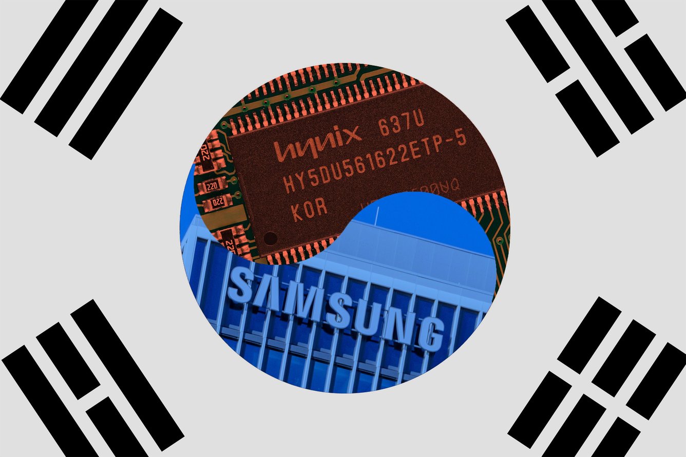 Hynix and Samsung logos on the South Korea flag