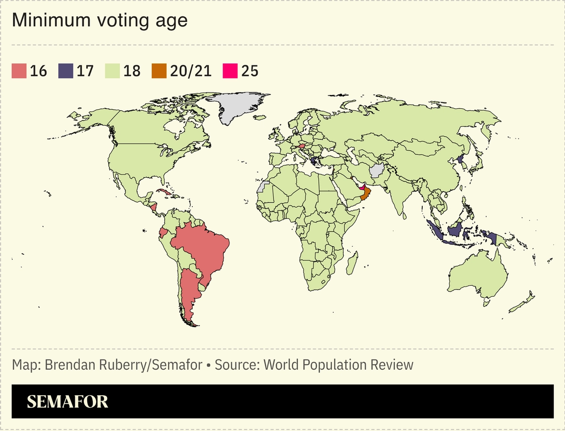 Map of world highlighting minimum voting ages
