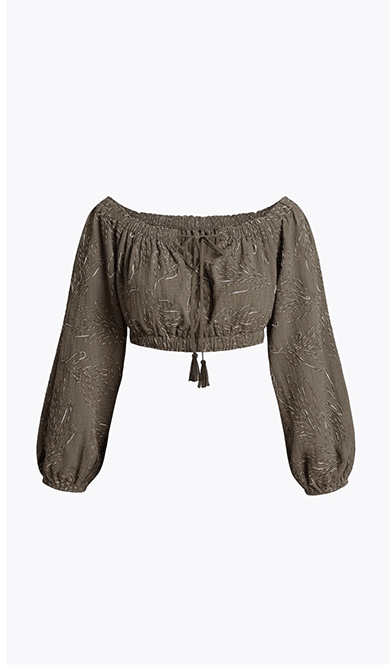 Embroidered Off-The-Shoulder Puff Sleeve Crop Top