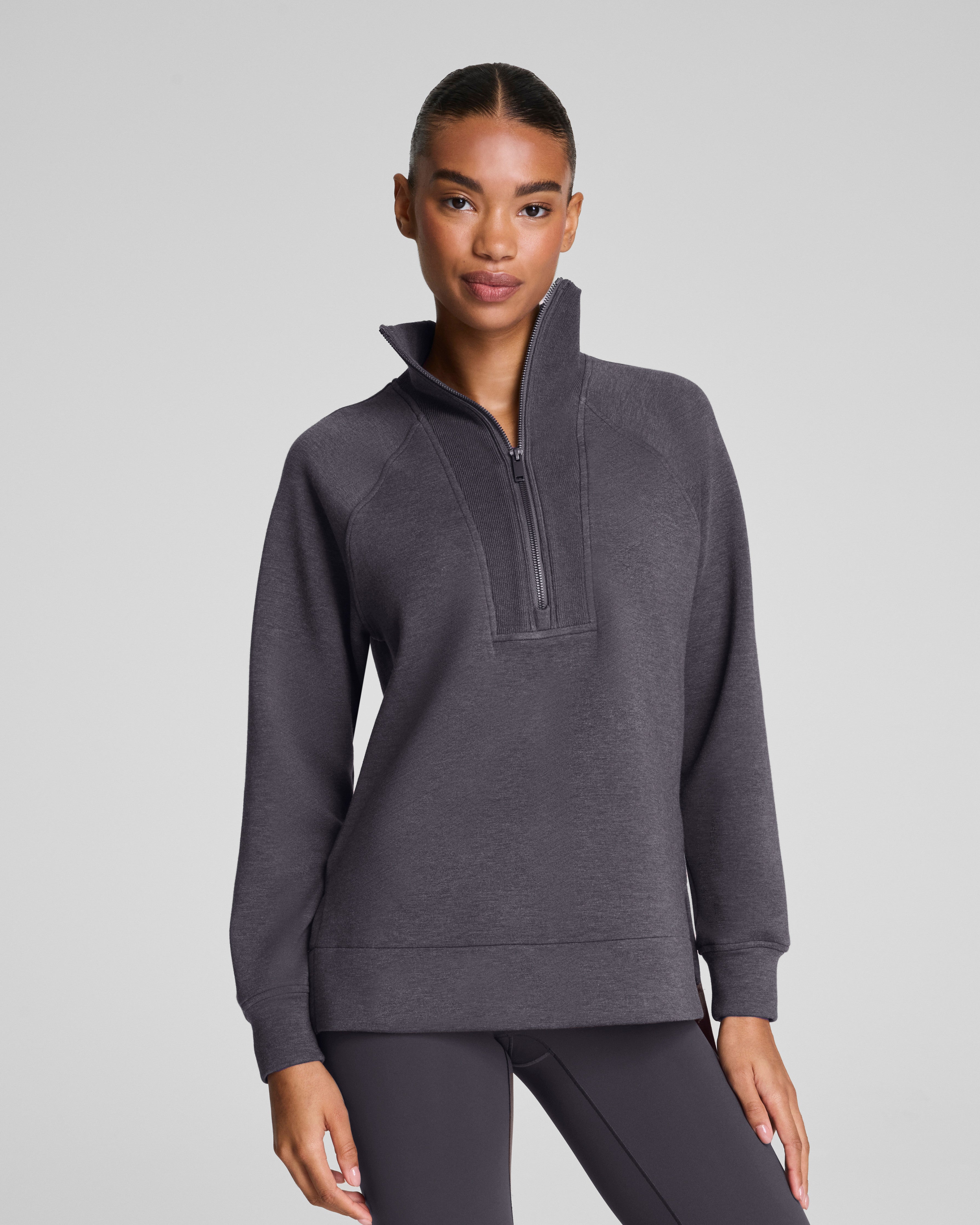 Image of Spanx Women's SPANX AirEssentials Brushed Half Zip Top Tunic in Heather Storm