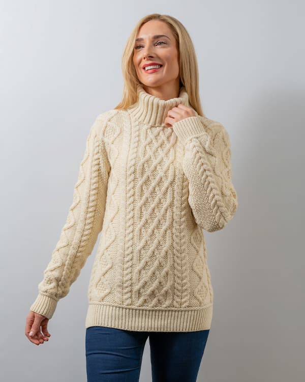 ARAN POLO NECK CABLE SWEATER