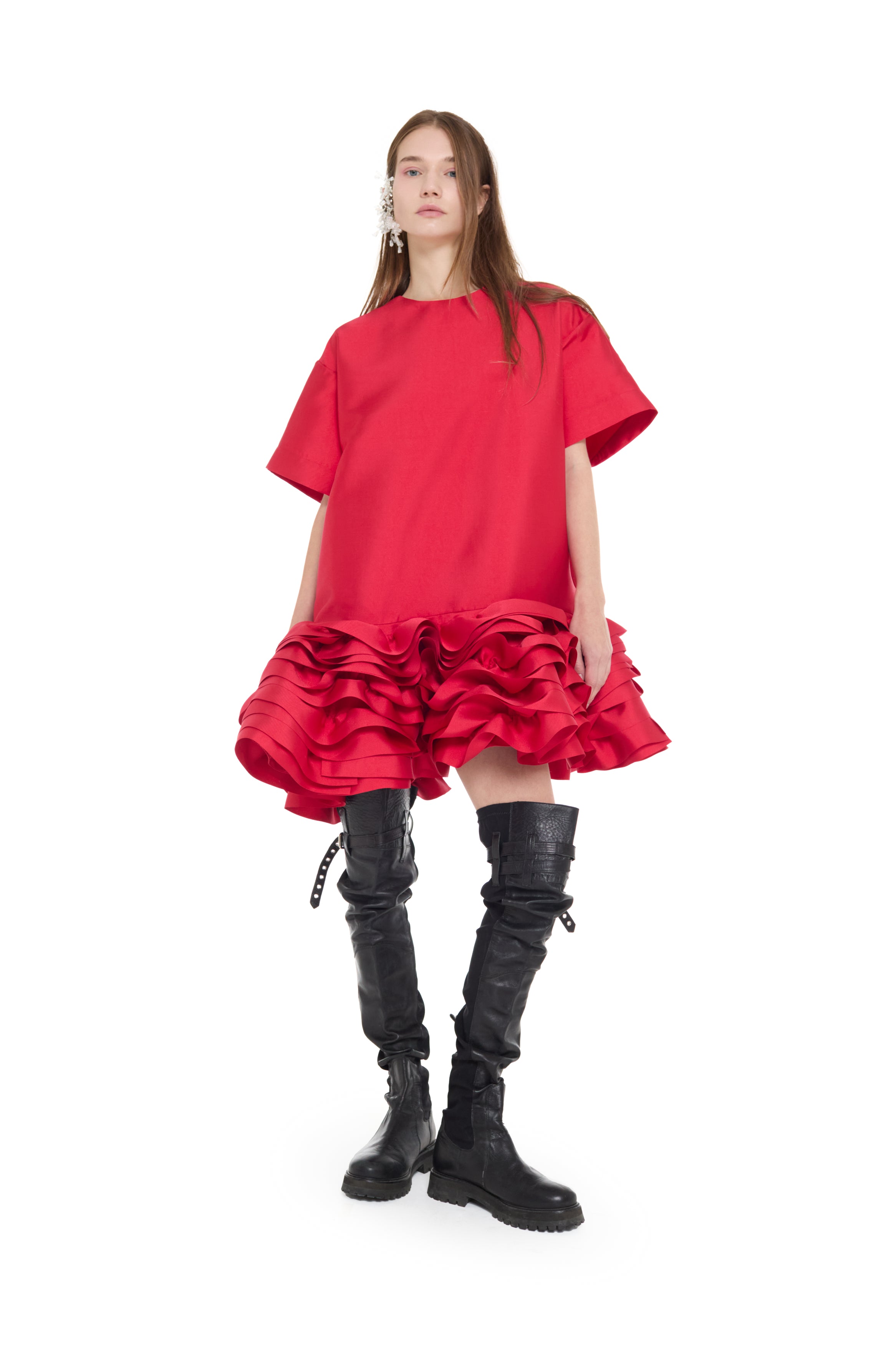 RED MIKADO T-SHIRT LOOSE FIT FRILL DRESS