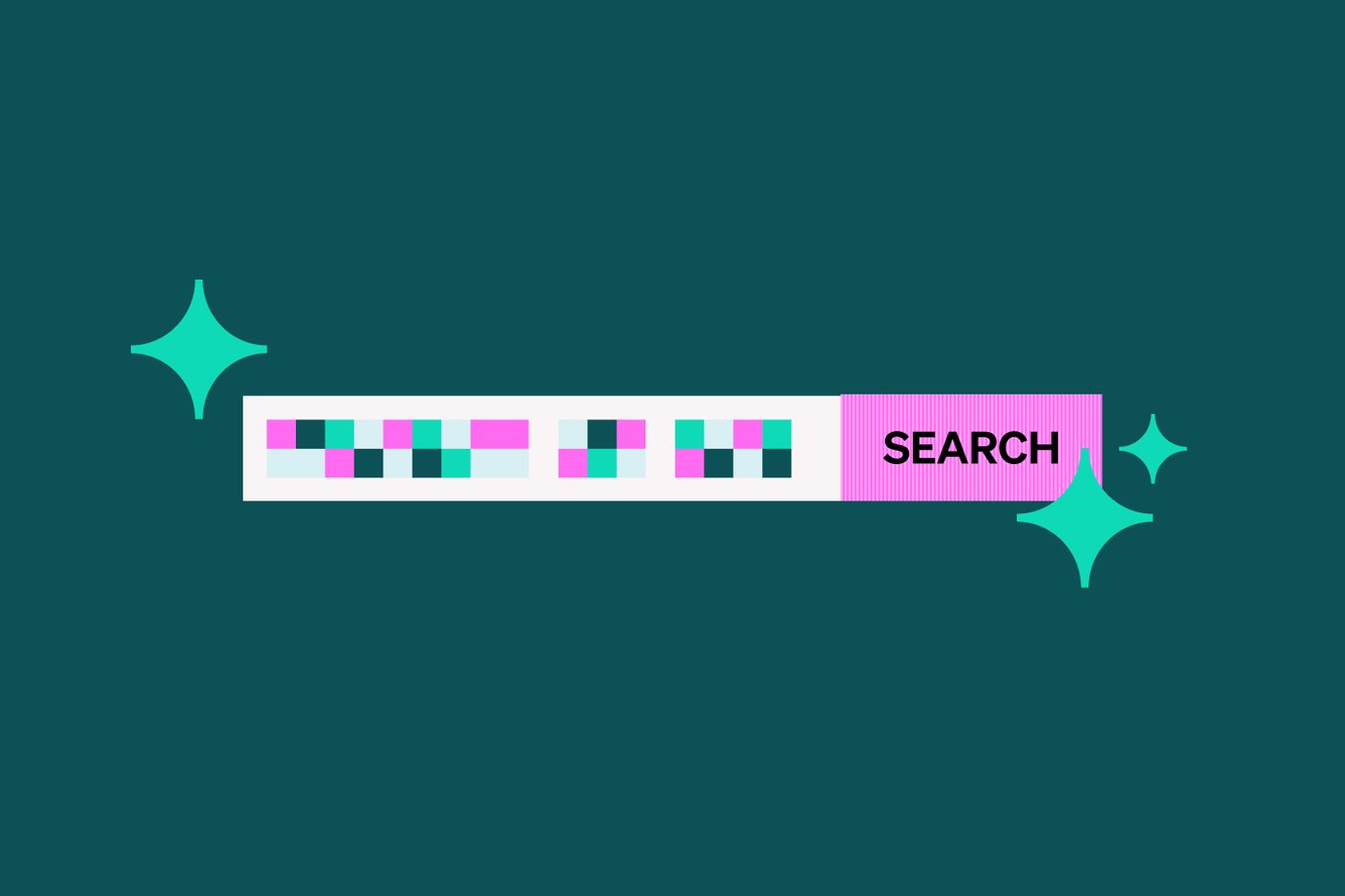 A search bar with colorful digital squares filling it up with AI stars surrounding it