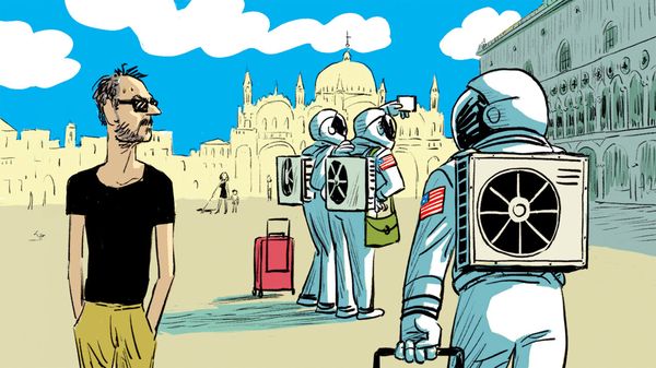 US tourists wearing space suits with air con units attached exploring St. Mark's Square in Venice