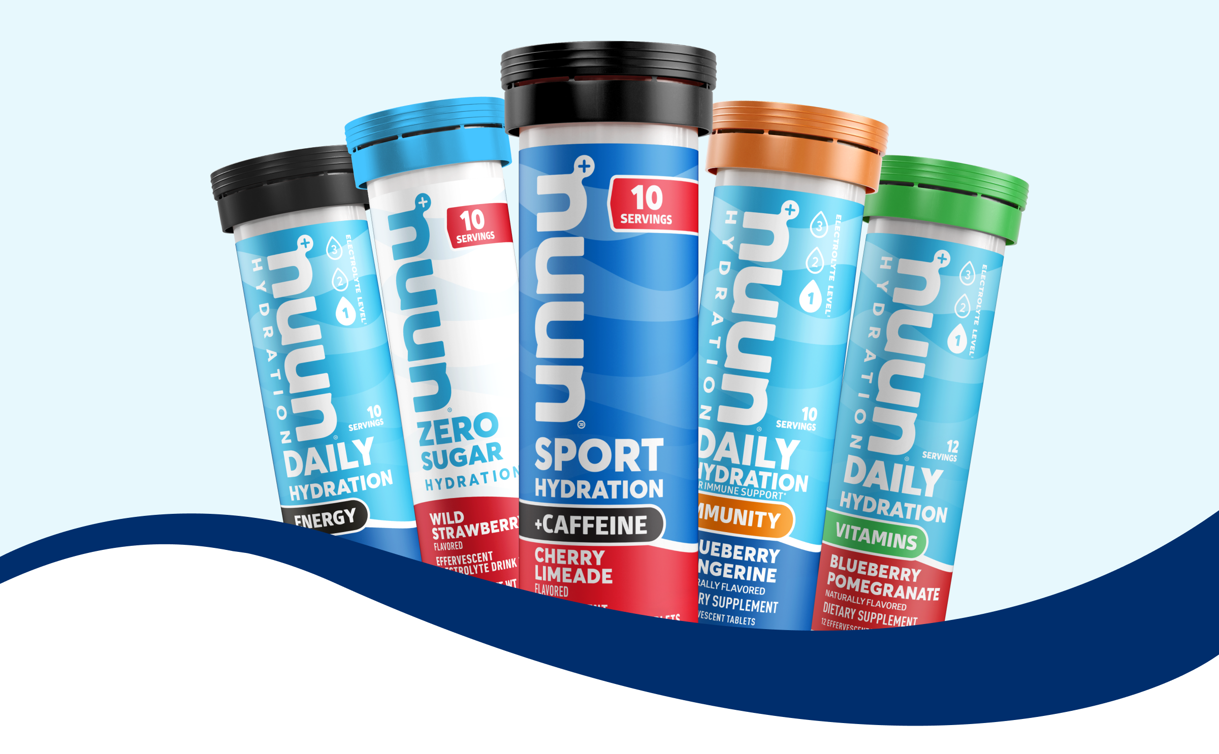 Nuun products: Energy, Zero Sugar, Caffeine, Immunity, Vitamins