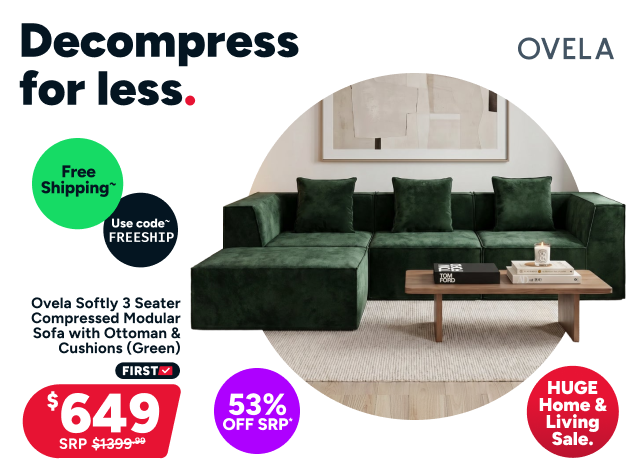 Ovela Softly 3 Seater Compressed Modular Sofa with Ottoman & Cushions (Green)