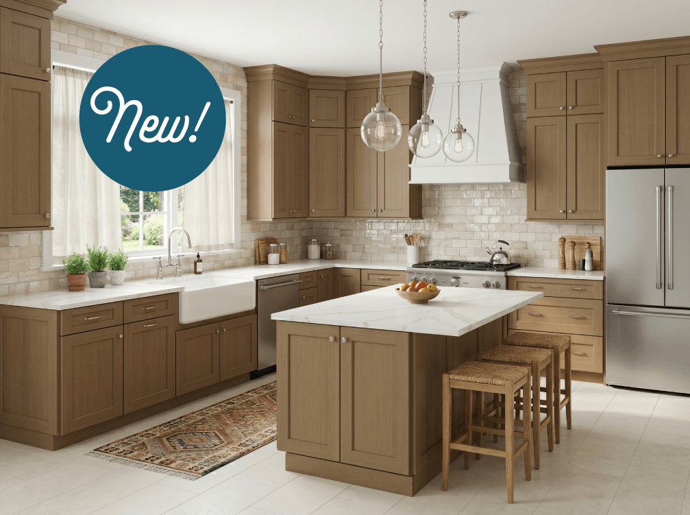 Modern kitchen with wooden cabinetry and island.