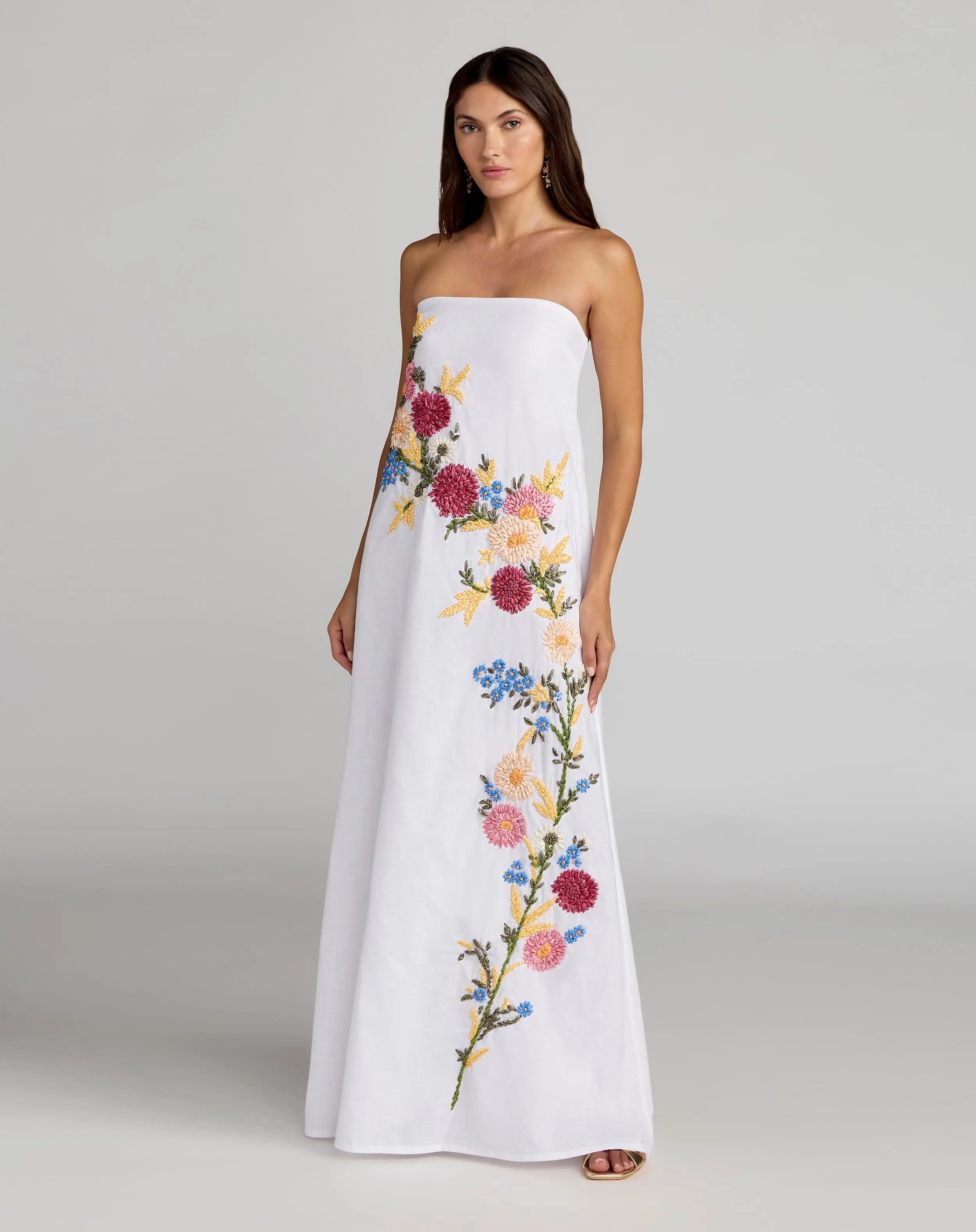 Image of White Strapless Floral Embroidered Linen Gown